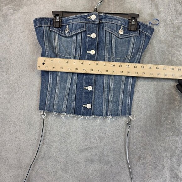 Zara Denim Corset Bustier Top Womens Large Blue Button Front Smocked Strapless - Picture 3 of 9